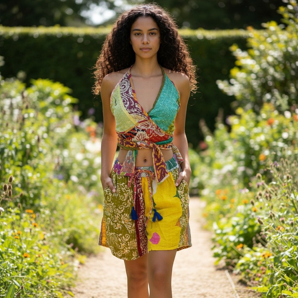 Jessica Taylor Kantha Patchwork 2 Piece Set Multicolor NWT Halter Tank , Shorts